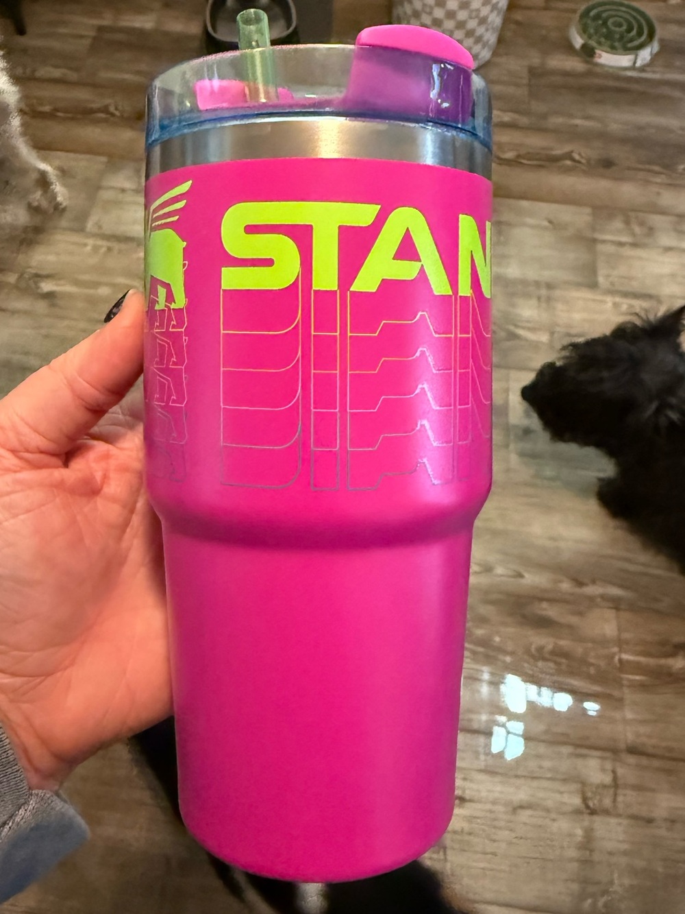 Stanley Hot Pink Tumbler with Neon Yellow Logo and Clear blue lid